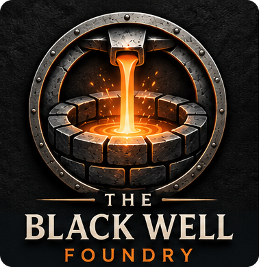 The Black Well Foundry logo: molten metal pouring into a stone well inside an iron ring